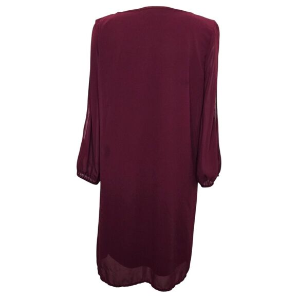 Lulus Burgundy V-Neck Shift Dress Small Sheer Sleeves Lined - Picture 3 of 13